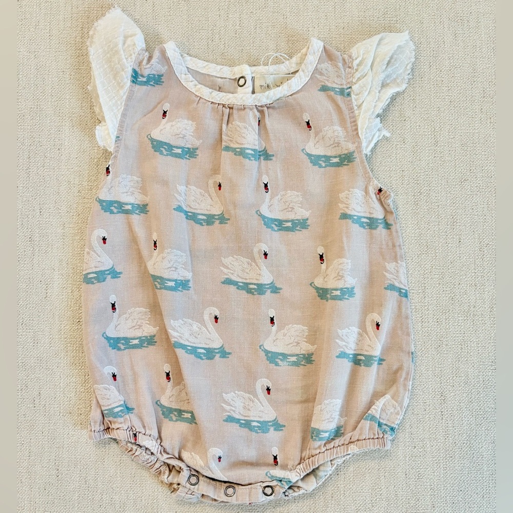 Miki Miette Blush Pink Swan Bubble Romper Sz 12 Months